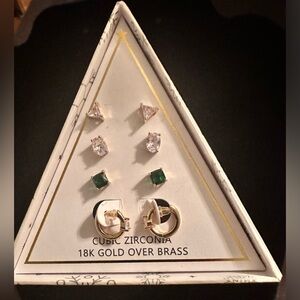 NWT And Now This Cubic Zirconia Glass 18K Gold Plated Four Pair Earring Set